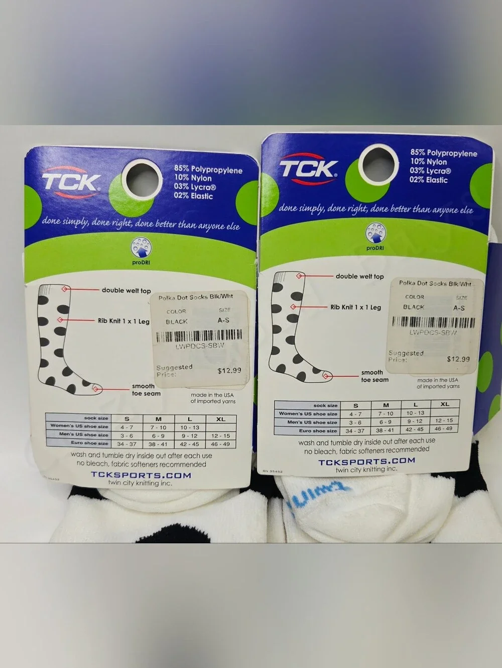 2pk TCK Black & White Polka Dot Mid-calf Socks Small, Kids Shoe Sz 3-6, Wmn 4-7